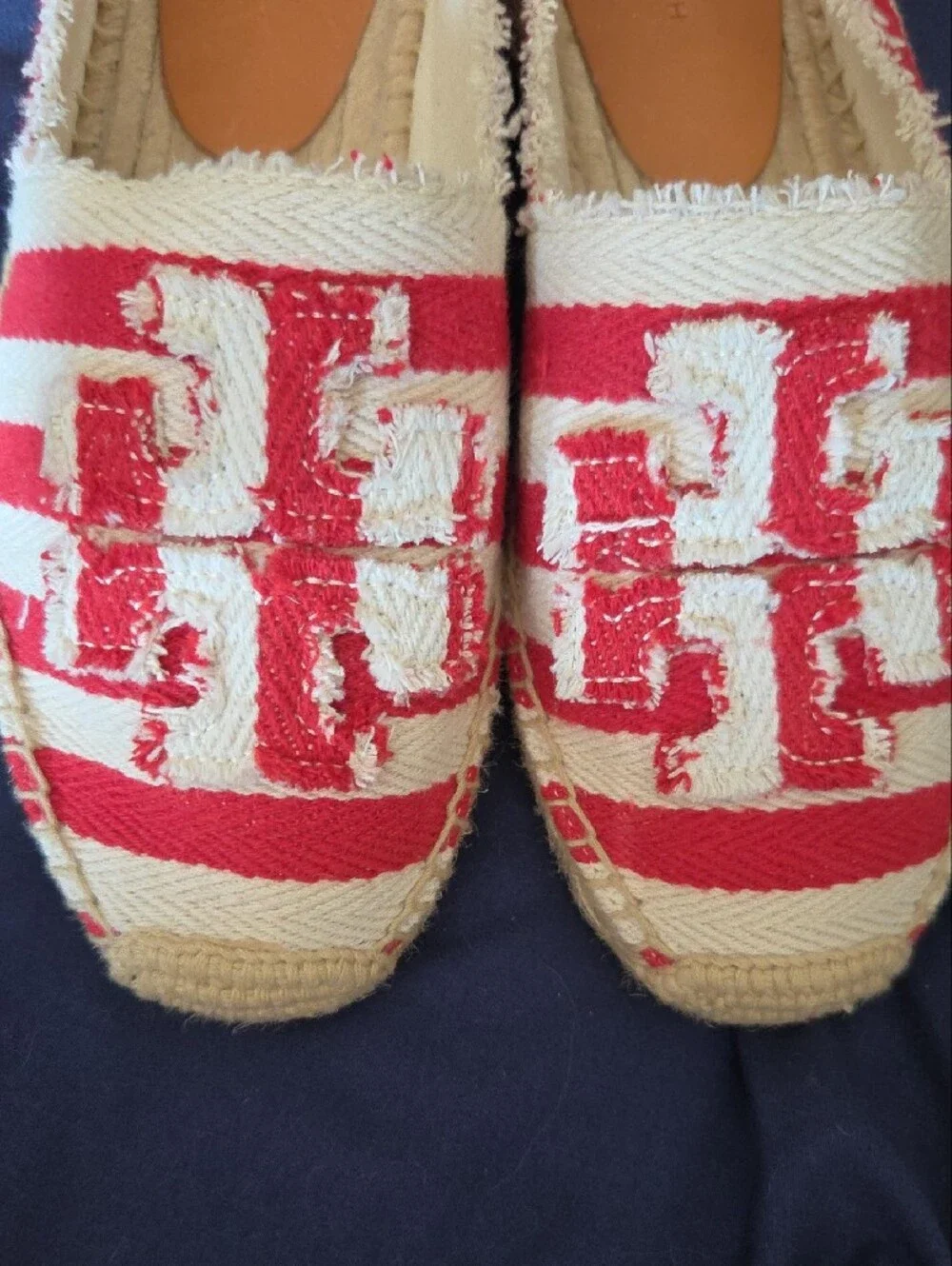 Tory Burch Red & Cream Woven Logo Espadrille Flats